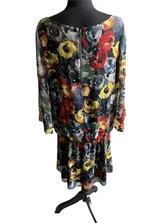 Alice + Olivia Floral Print Dress Long Sleeve Boho Shift Mini Party Cocktail - Picture 4 of 6